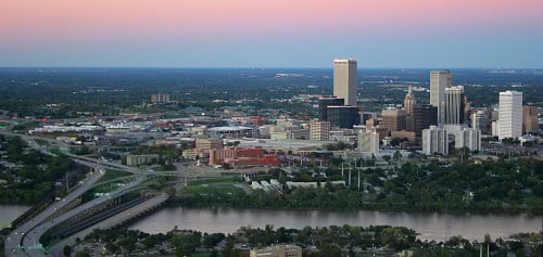 an aerial picture showing the skyline of downtown Tulsa Oklahoma