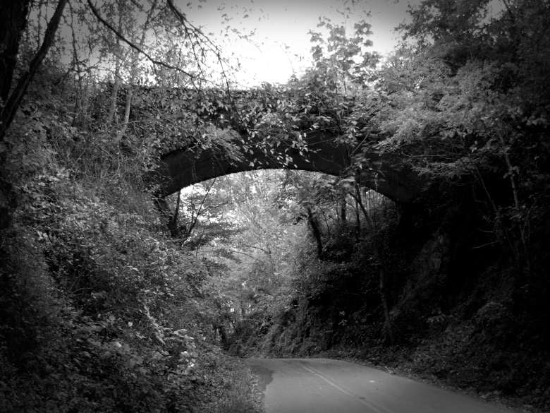 View from the road looking up at the reportedly haunted Helen's Bridge in Asheville, North Carolina