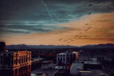 Asheville North Carolina at sunset with the Blue Ridge Mountains