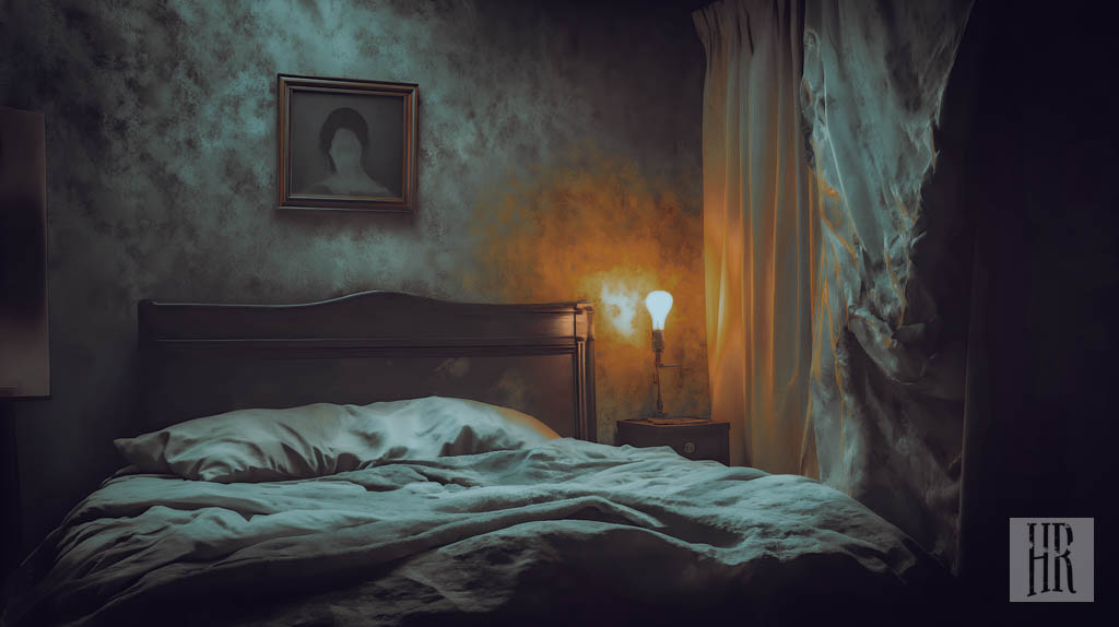 Haunted hotel room with an unmade bed, a single flickering light