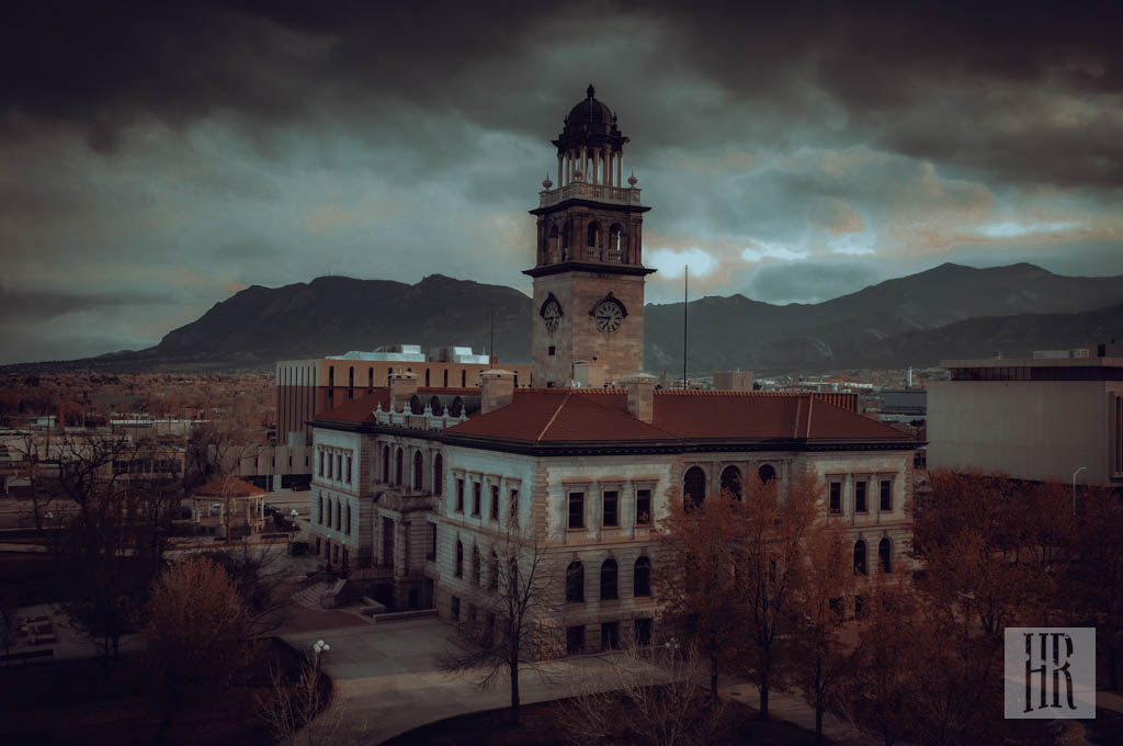 Aerial view to Pioneers museum in Colorado Springs, Colorado