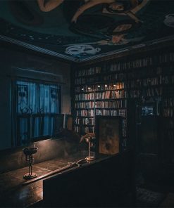 Dimly lit haunted bedroom with doll