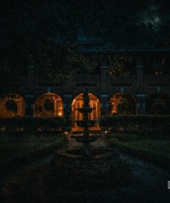 Fountain in the Thomas House Hotel courtyard at night