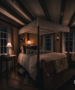Four-poster canopy bed in a guest room at Captain Grant's 1754