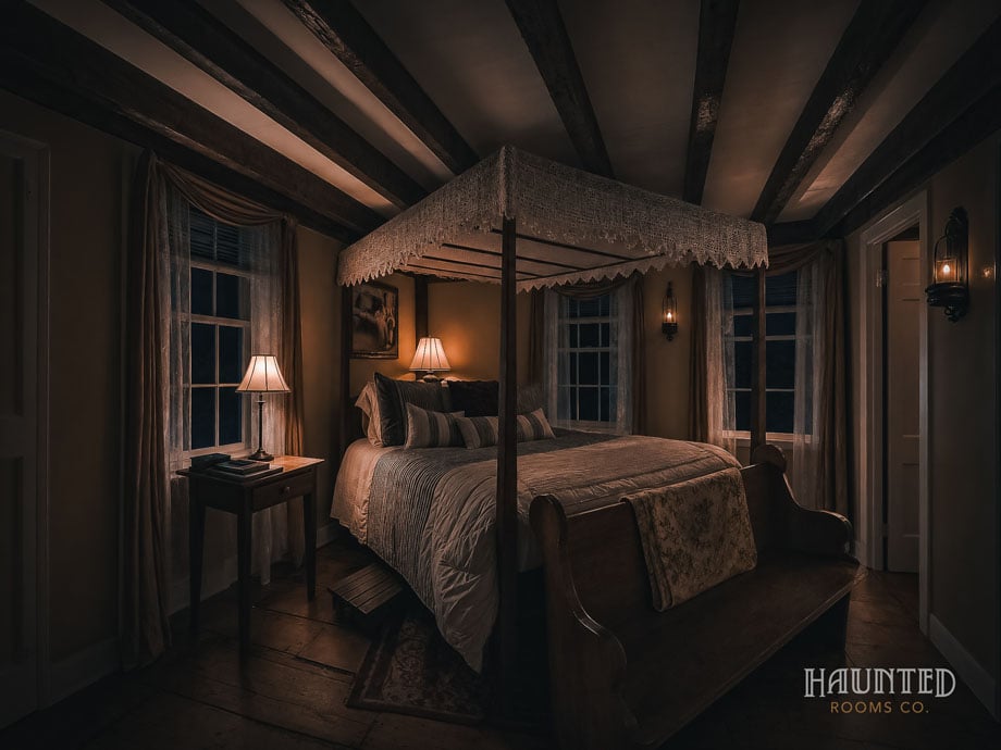 Four-poster canopy bed in a guest room at Captain Grant's 1754