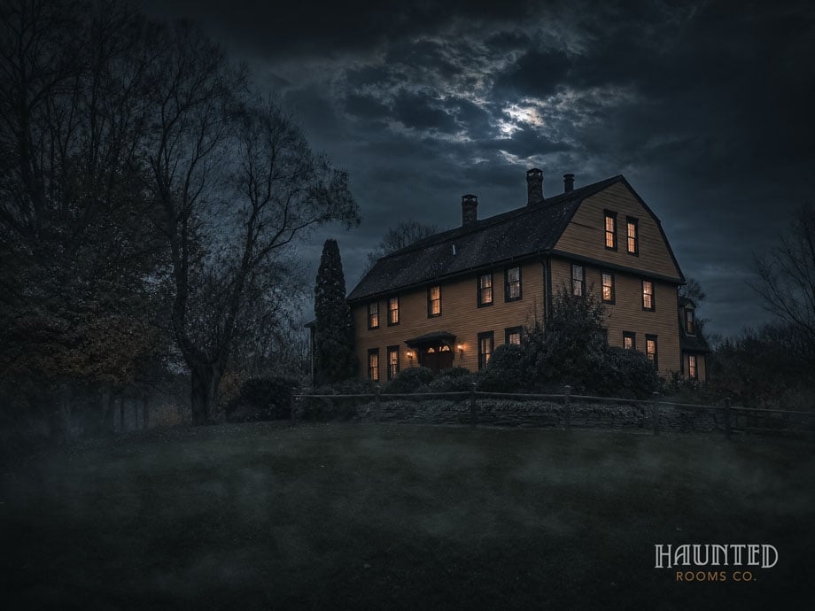 Captain Grant's 1754 gambrel-roof inn on its rise at night with mist
