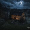 Captain Grant's 1754 inn in Preston, Connecticut, seen from above at night with mist on the lawn