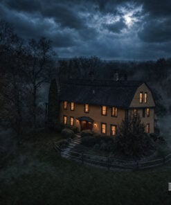 Captain Grant's 1754 inn in Preston, Connecticut, seen from above at night with mist on the lawn