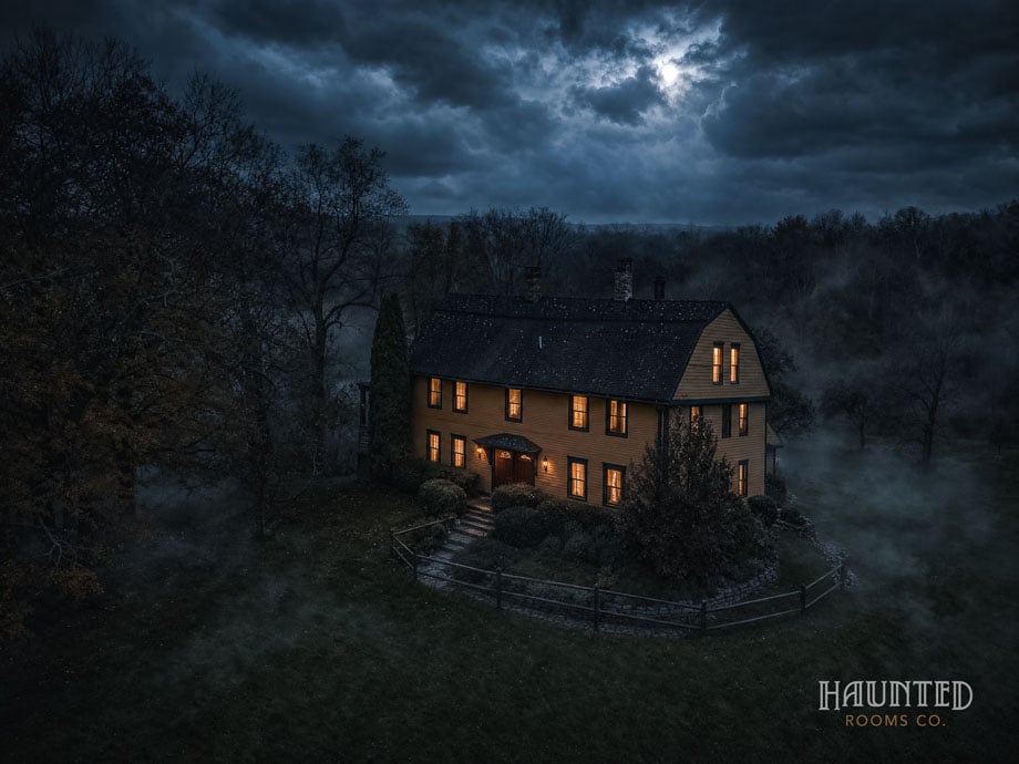 Captain Grant's 1754 inn in Preston, Connecticut, seen from above at night with mist on the lawn