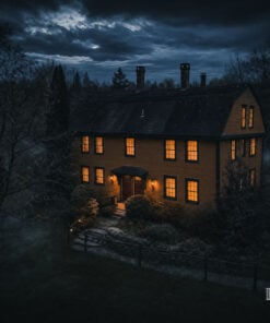 Front entrance of Captain Grant's 1754 haunted inn at night with lit windows
