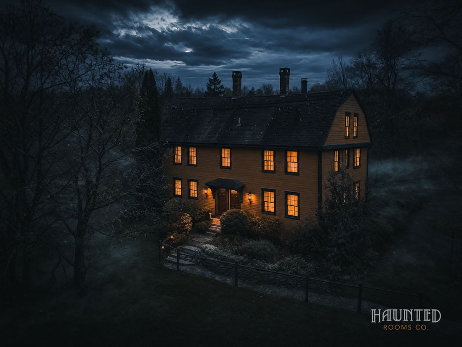 Front entrance of Captain Grant's 1754 haunted inn at night with lit windows