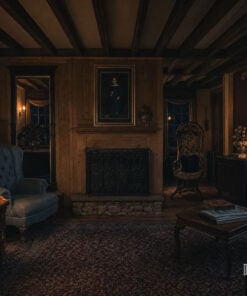 Lamp-lit parlour at Captain Grant's 1754 with a portrait of a young girl above the fireplace