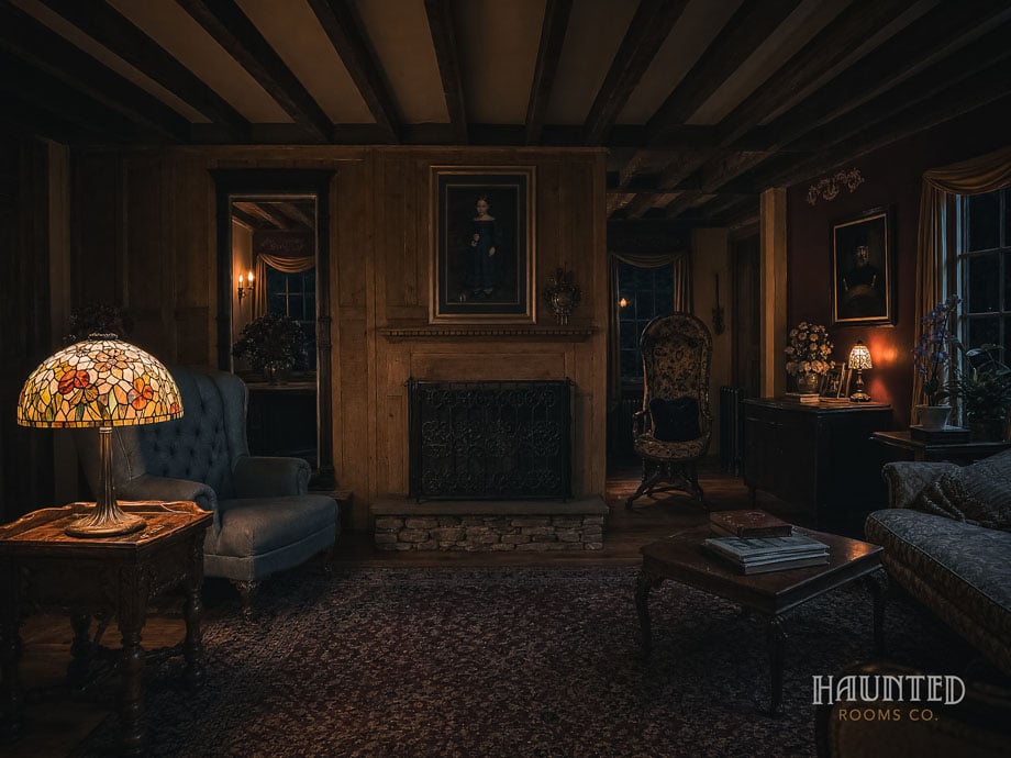 Lamp-lit parlour at Captain Grant's 1754 with a portrait of a young girl above the fireplace