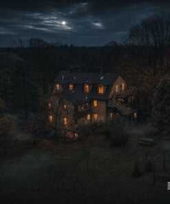 Rear of Captain Grant's 1754 inn and its deck from above under a full moon