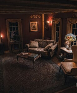 Red sitting room with stained glass lamp at Captain Grant's 1754