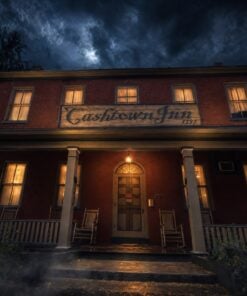 Looking up at the front door of the Cashtown Inn at night