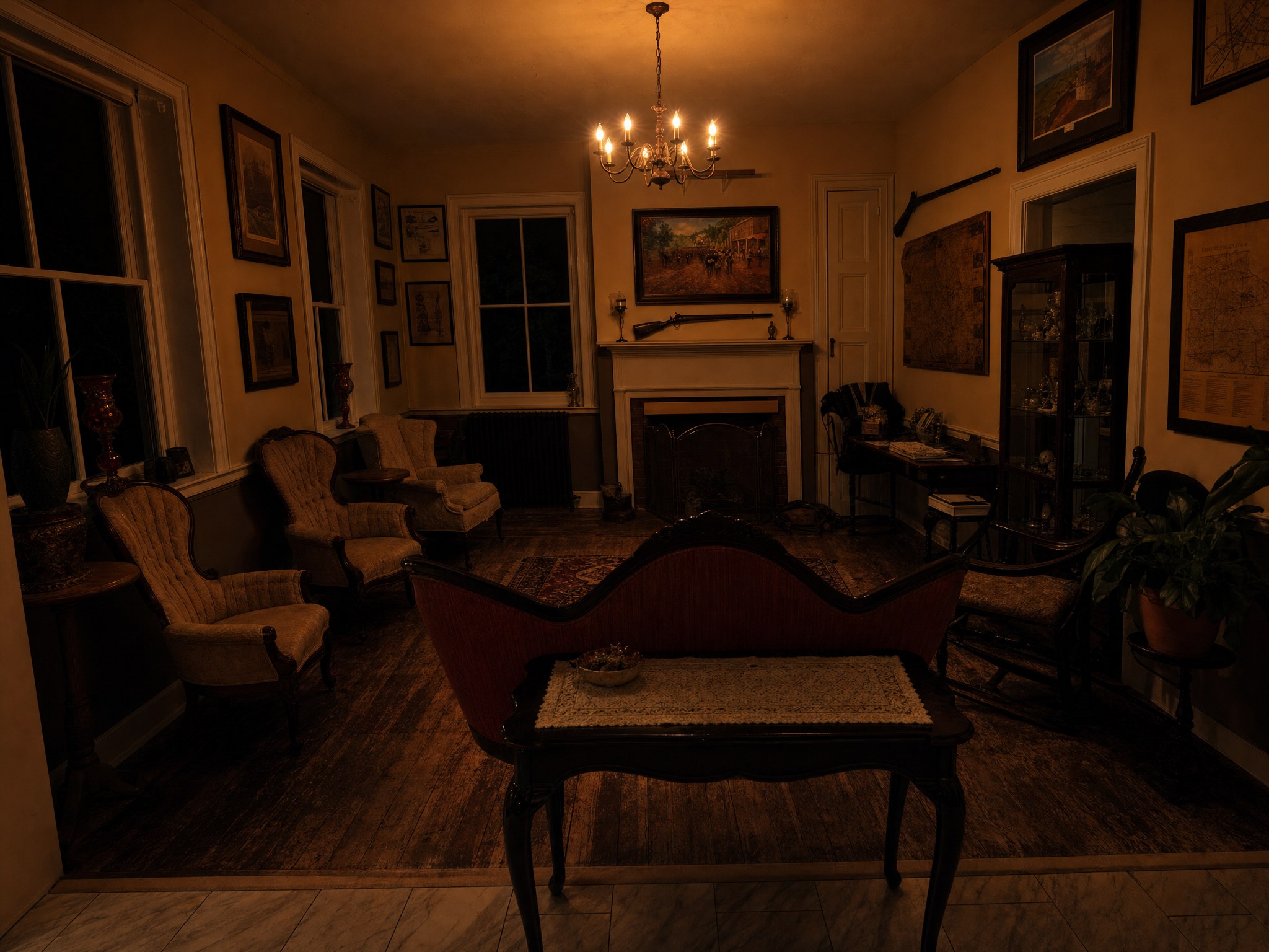 The parlor at the Cashtown Inn at night