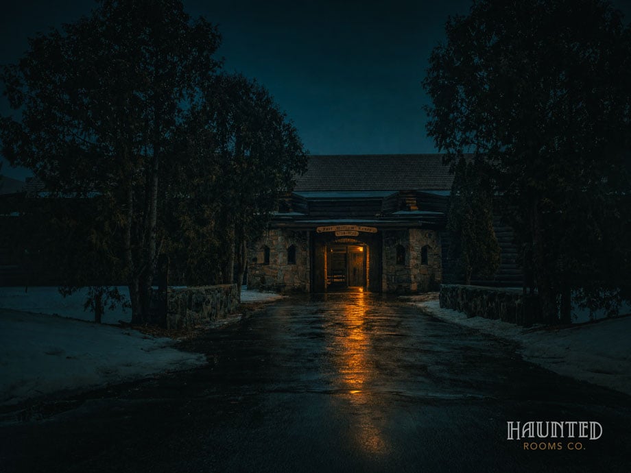 Approach road to Fort William Henry gate at dusk in late autumn