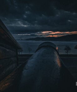 Cannon aimed over Lake George from Fort William Henry at dusk