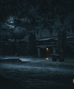 Mist rolling across the lawn outside Fort William Henry at night