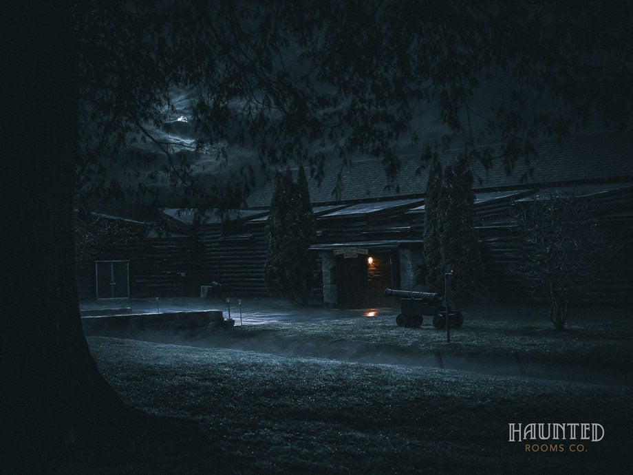 Mist rolling across the lawn outside Fort William Henry at night