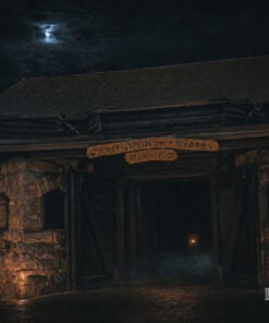 Moonlit stone gate of Fort William Henry with the 1755-1757 sign