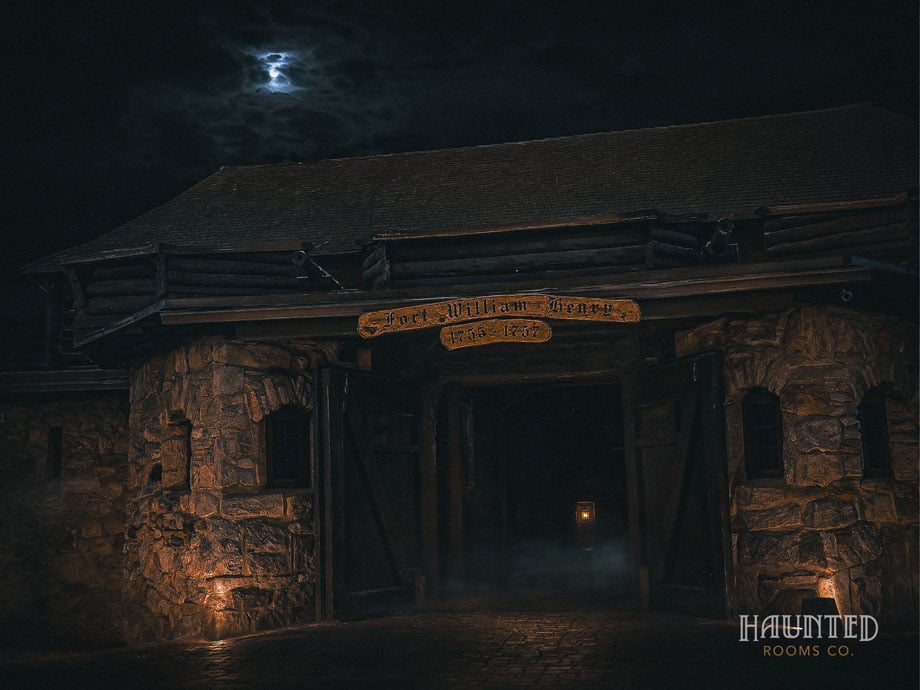 Moonlit stone gate of Fort William Henry with the 1755-1757 sign