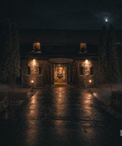 Fort William Henry gatehouse lit by lanterns at night, Lake George NY ghost hunt