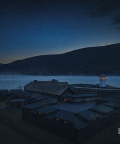 Fort William Henry and Lake George at dusk with mist on the lake