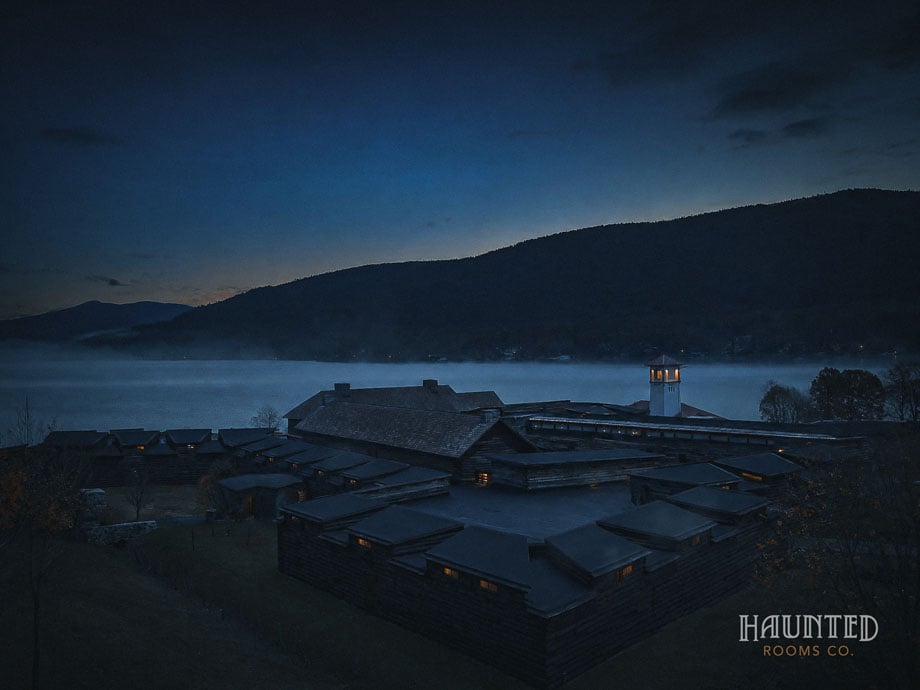 Fort William Henry and Lake George at dusk with mist on the lake