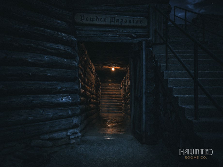 Fort William Henry powder magazine doorway at night