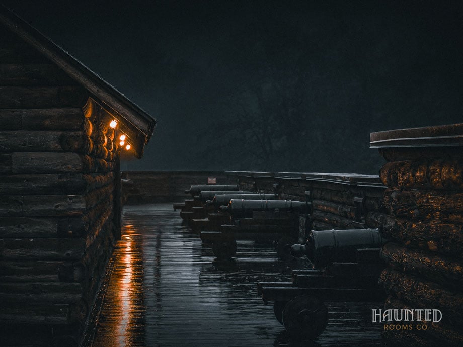 Cannons along the rain-soaked rampart of Fort William Henry at night