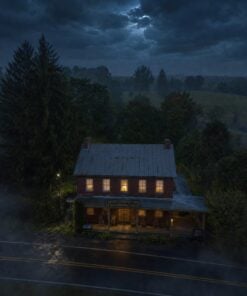 Aerial view of the haunted Cashtown Inn at night