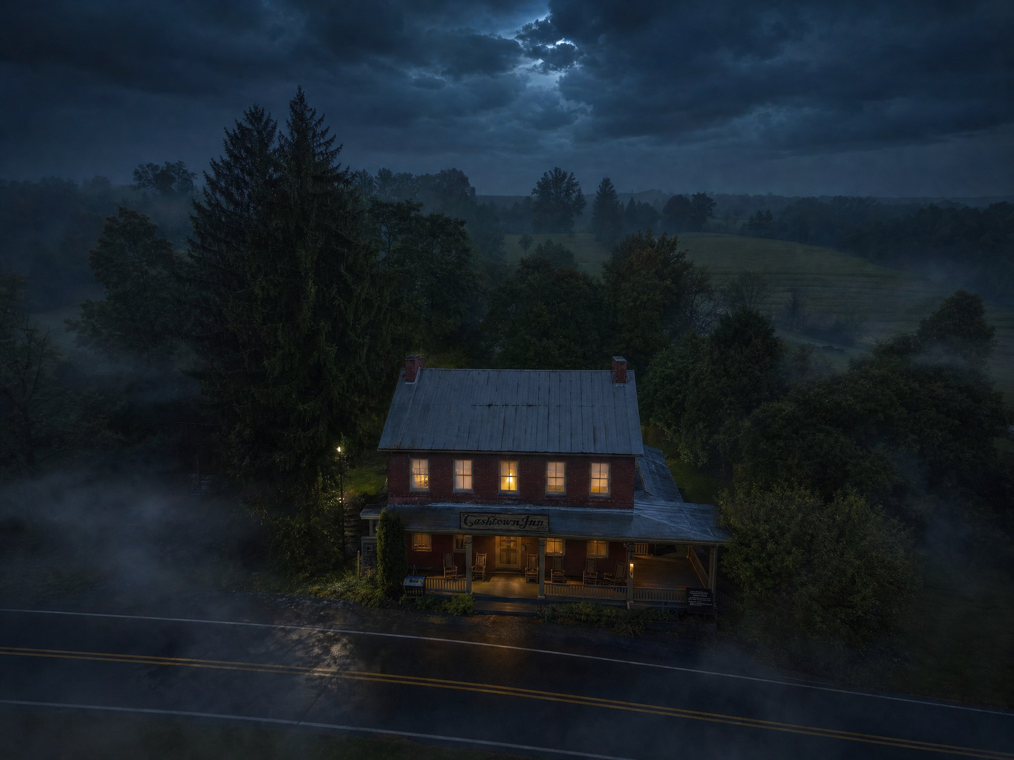 Aerial view of the haunted Cashtown Inn at night