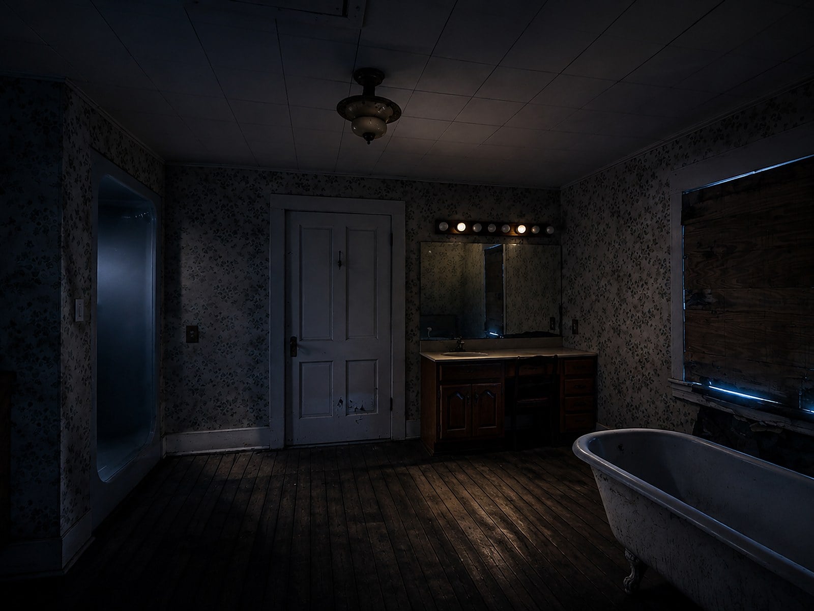 Upstairs bathroom with clawfoot tub at the Old Lynchburg Funeral Home