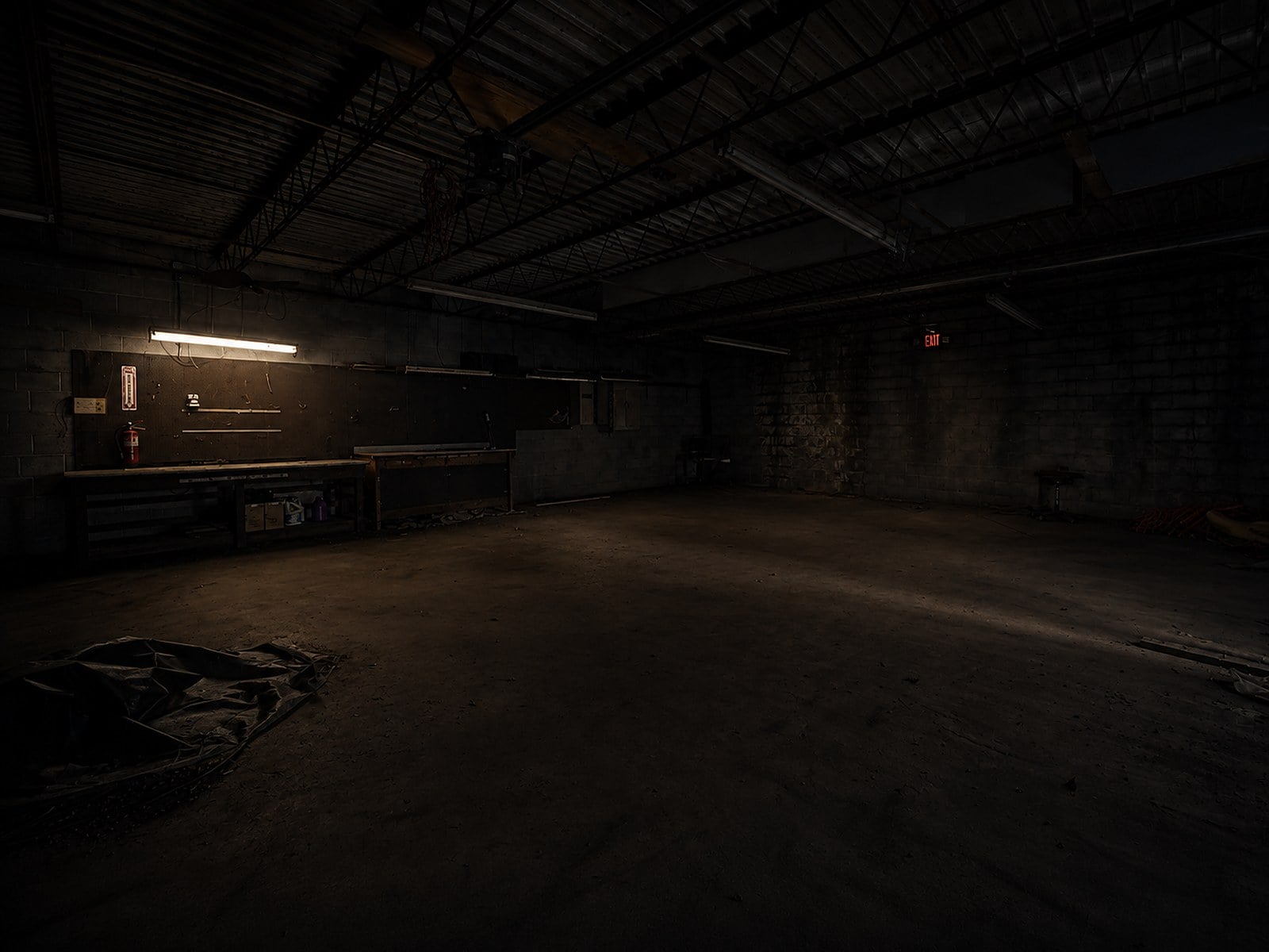 Lower floor of the Old Lynchburg Funeral Home in the dark