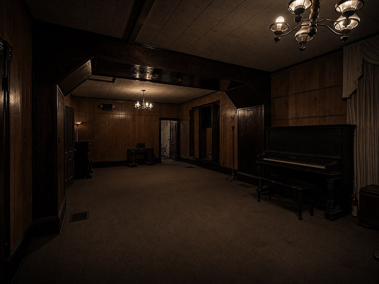 Wood-panelled parlour with piano inside the Old Lynchburg Funeral Home