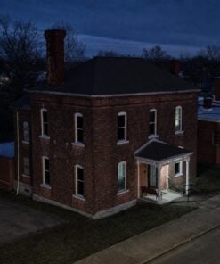 Aerial view of the Old Moore County Jail at night, Lynchburg, Tennessee