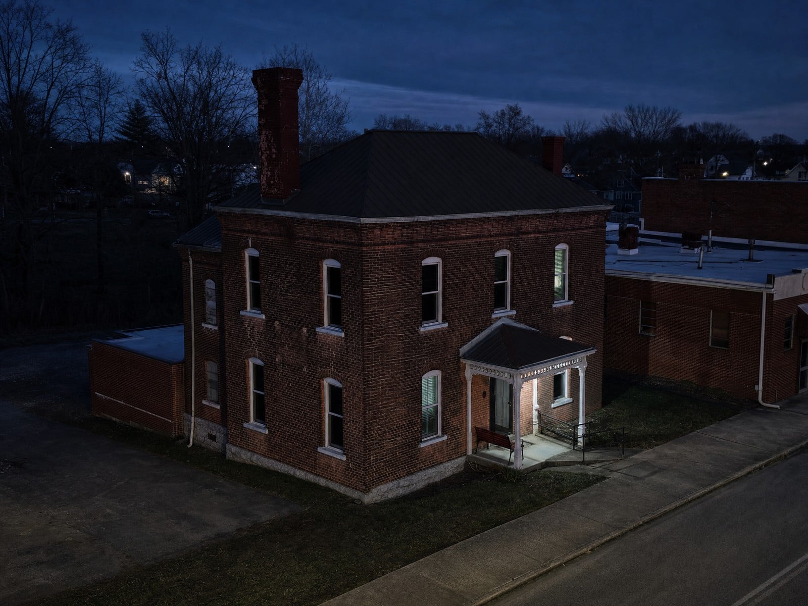 Aerial view of the Old Moore County Jail at night, Lynchburg, Tennessee