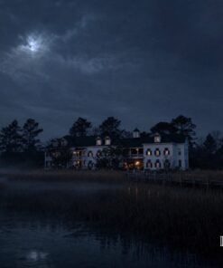 The Roanoke Island Inn across the reed marsh at night