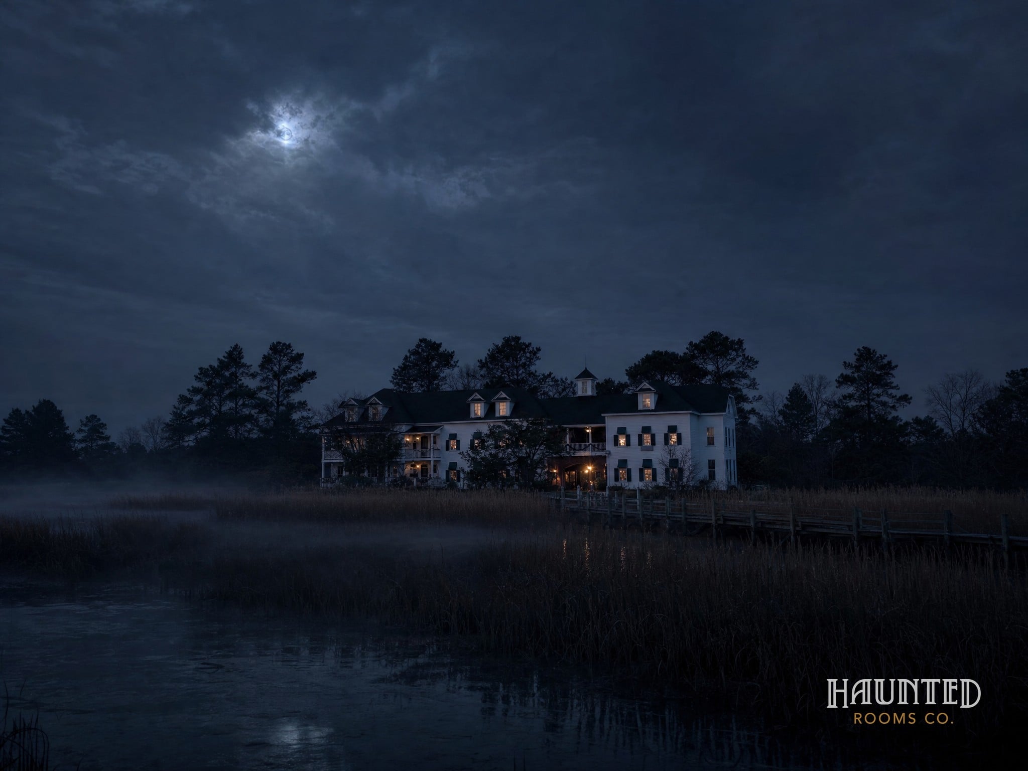 The Roanoke Island Inn across the reed marsh at night