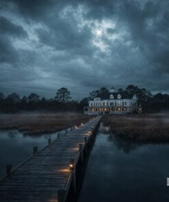 Roanoke Island Inn at night across the misty marsh from a lantern-lit boardwalk, Manteo NC