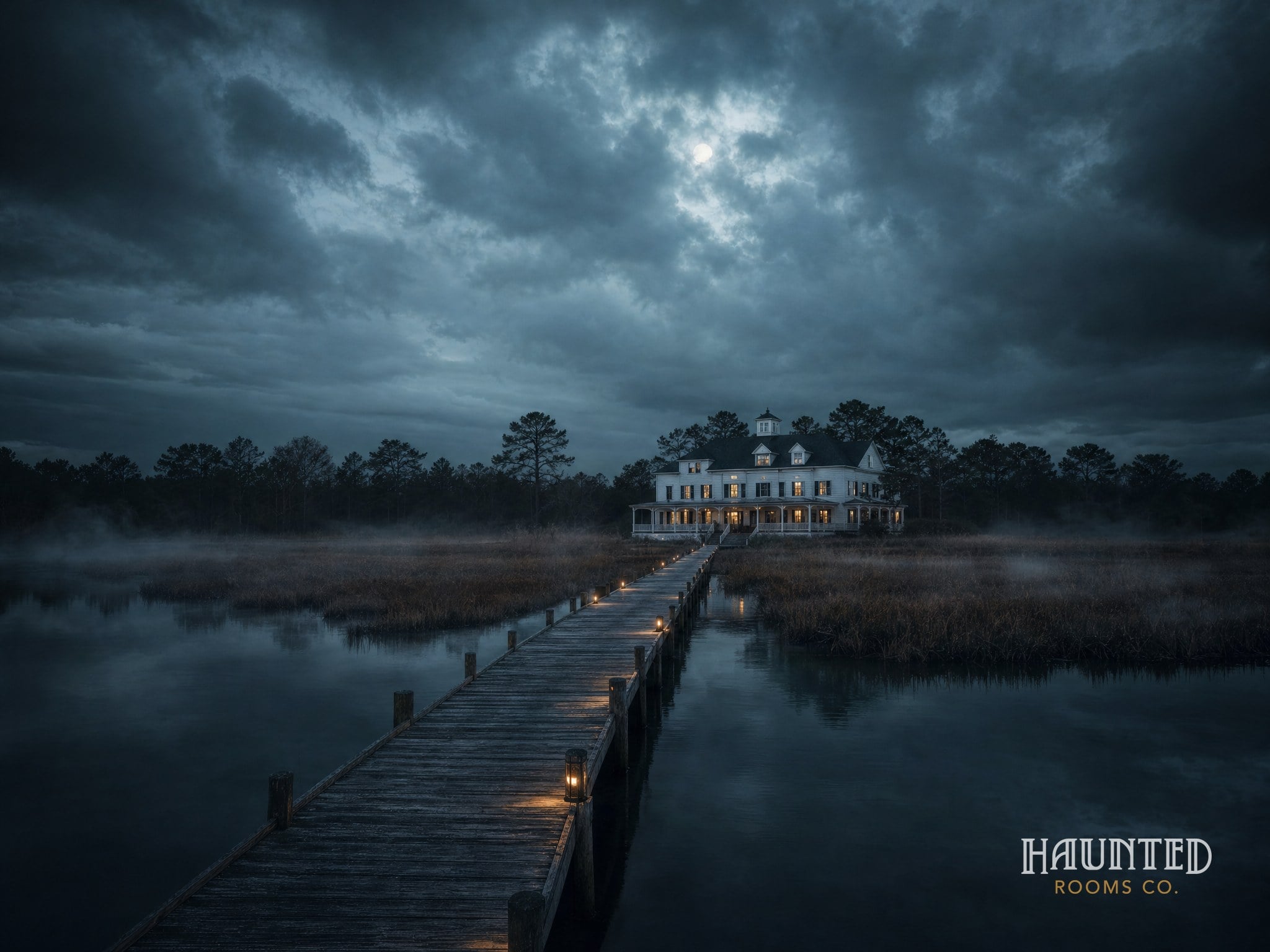 Roanoke Island Inn at night across the misty marsh from a lantern-lit boardwalk, Manteo NC