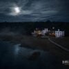 Aerial view of the Roanoke Island Inn at night on the edge of the marsh, Manteo, North Carolina
