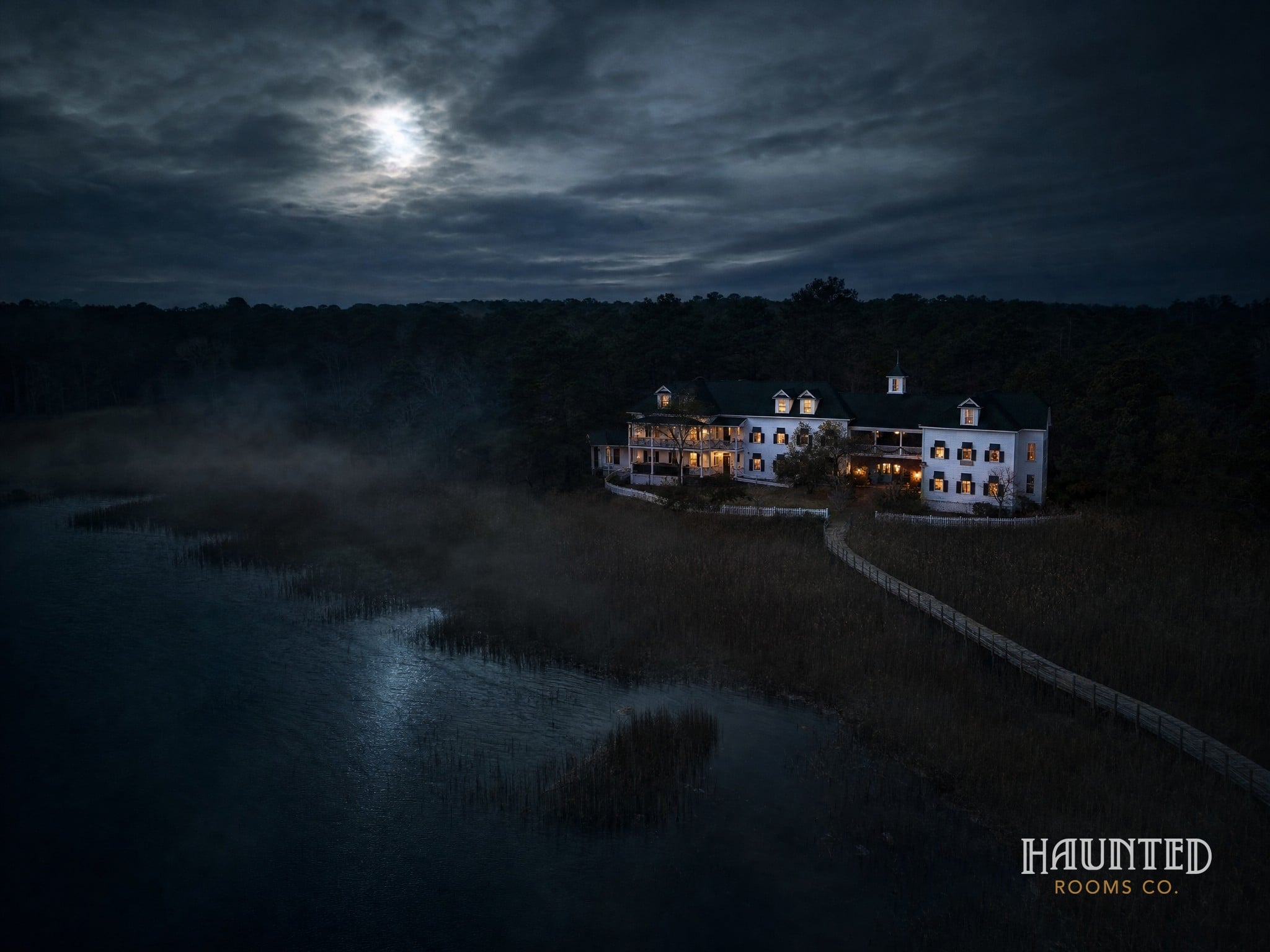 Aerial view of the Roanoke Island Inn at night on the edge of the marsh, Manteo, North Carolina
