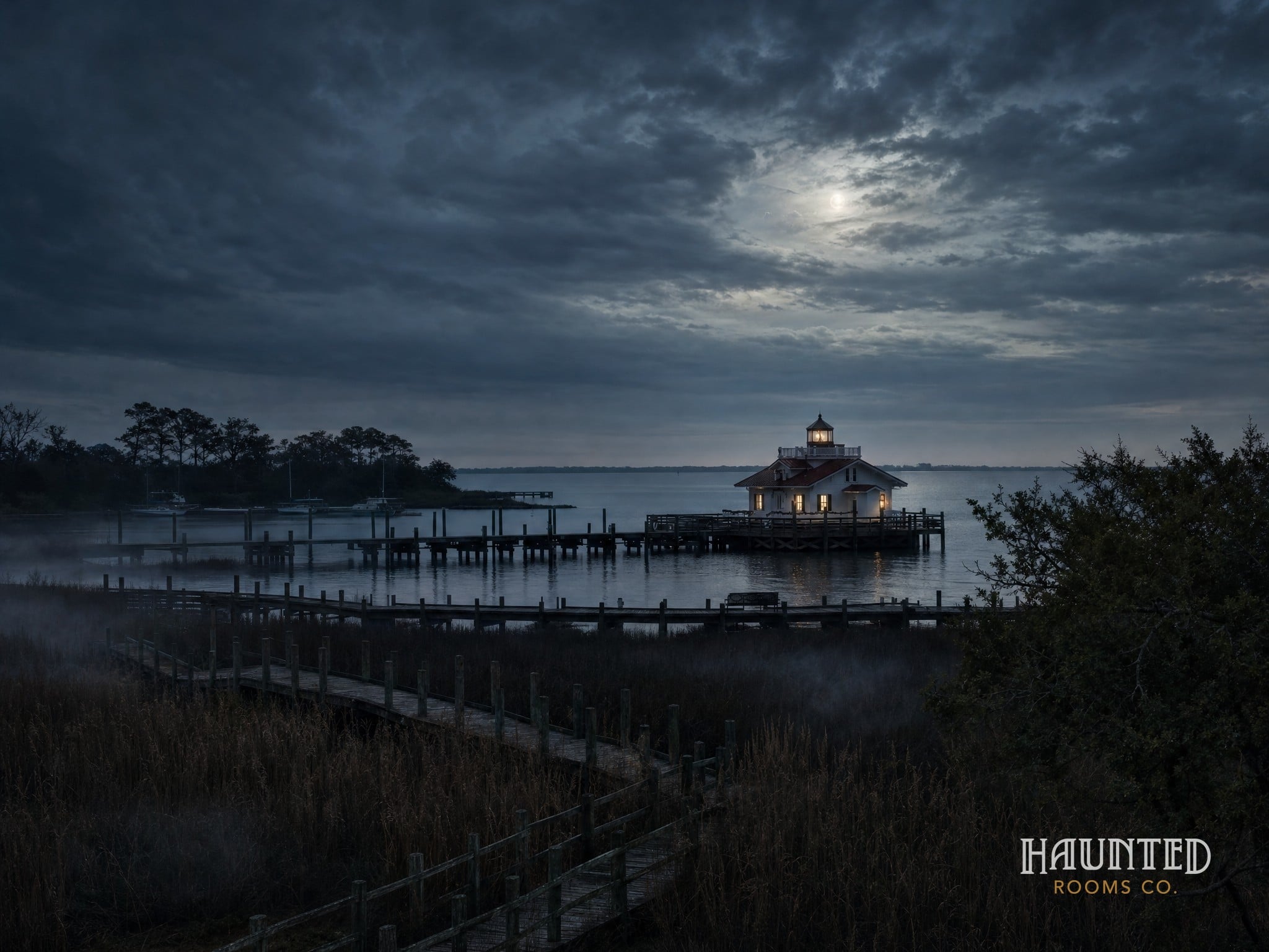 Marsh and boardwalk at night looking out to the Roanoke Marshes Lighthouse, Manteo