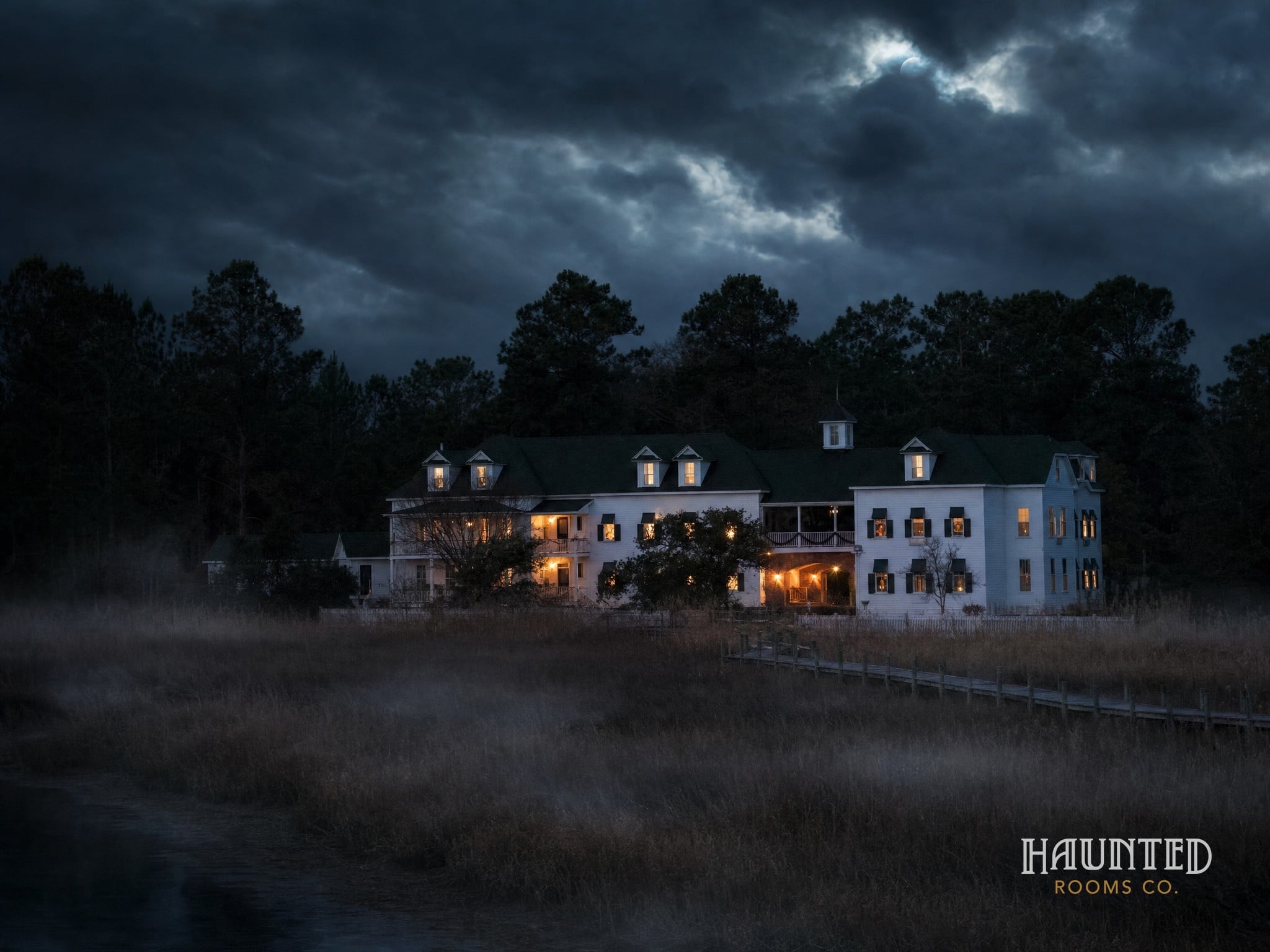 The Roanoke Island Inn from above the marsh at night