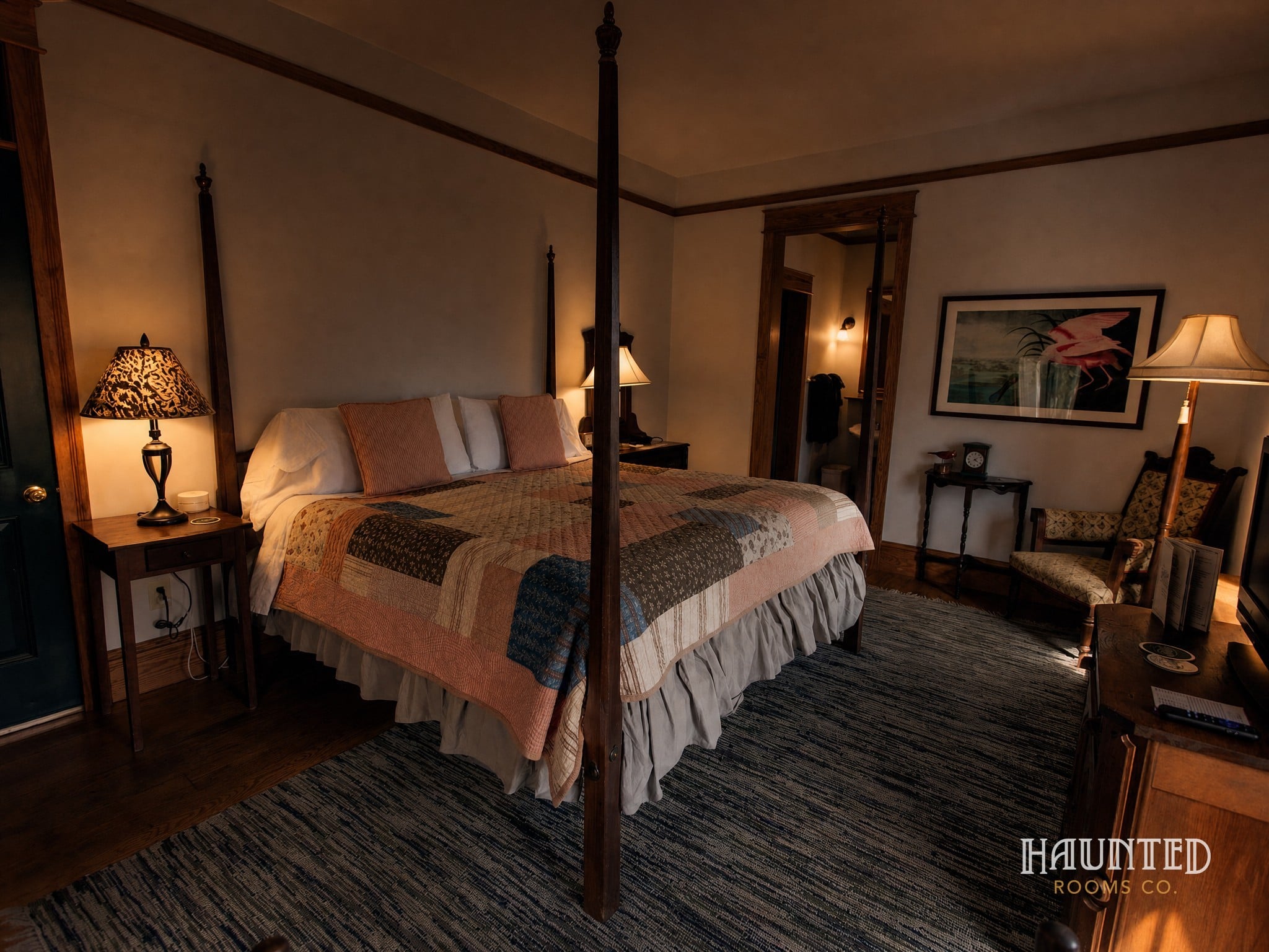 Room 1 four-poster king room at the Roanoke Island Inn at night