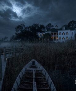 Abandoned rowboat in the reeds below the Roanoke Island Inn at night