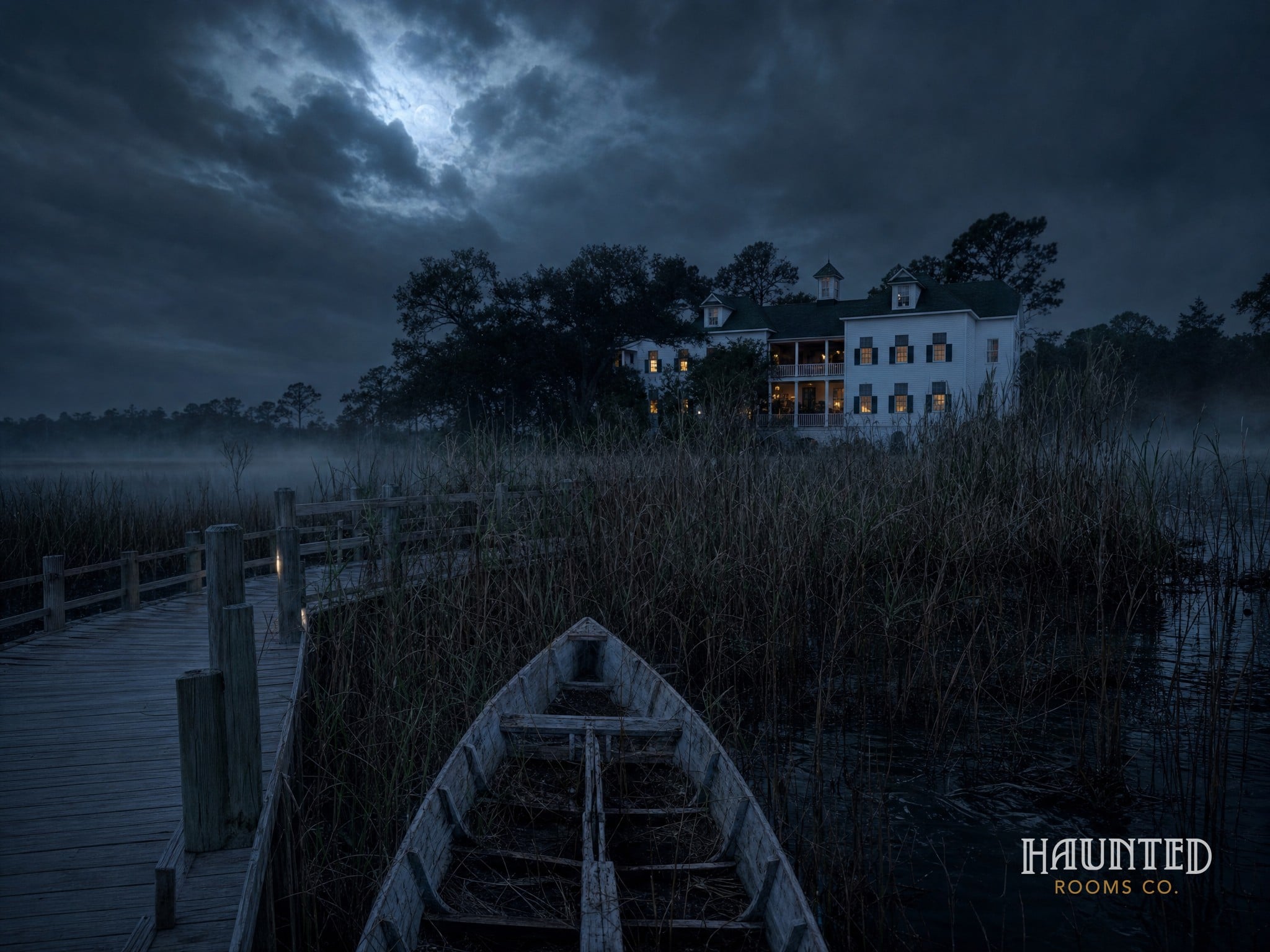 Abandoned rowboat in the reeds below the Roanoke Island Inn at night